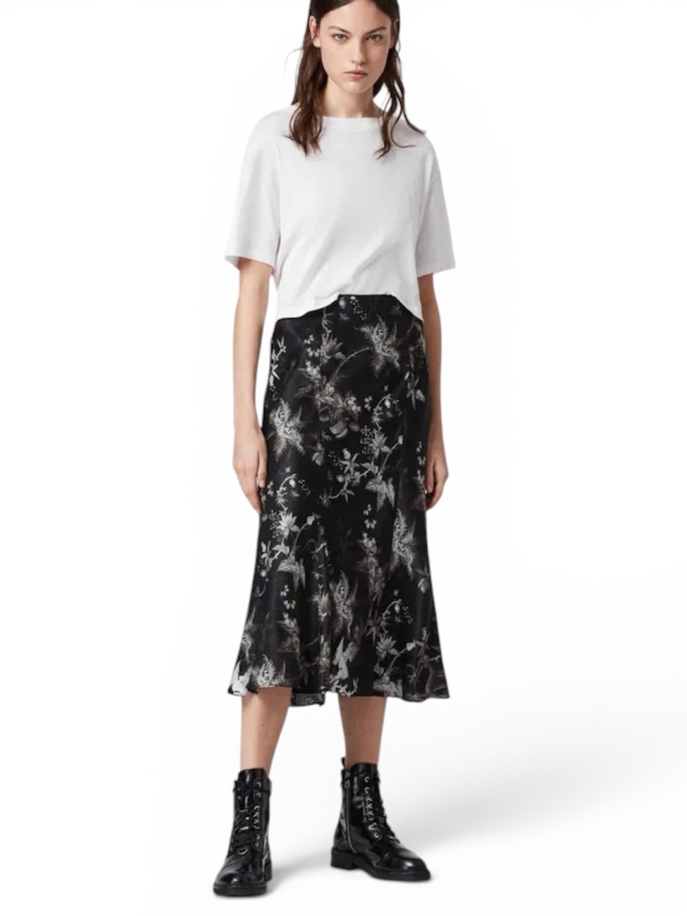 AllSaints Silk Black Floral-Print Midi Skirt